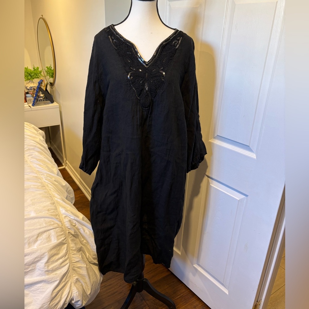 Made in Italy Black Linen Tunic Dress 3X Embroidered Boho Lagenlook